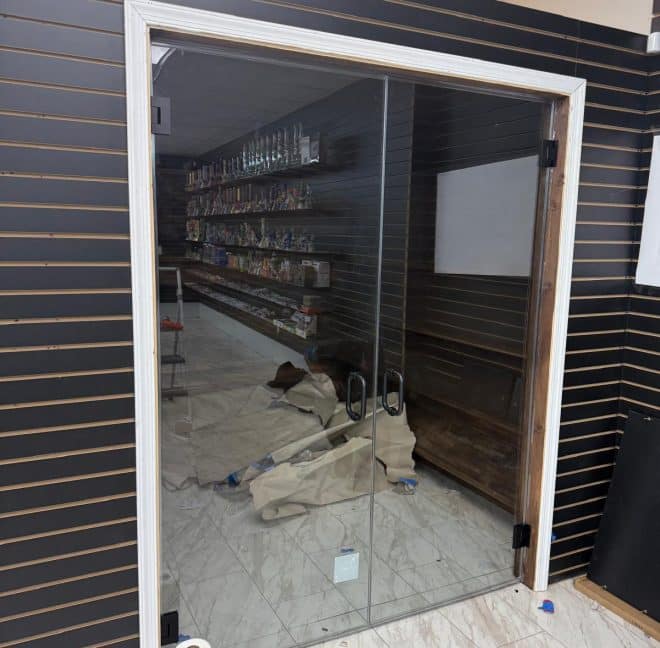 custom glass door for a smoke shop in maryland